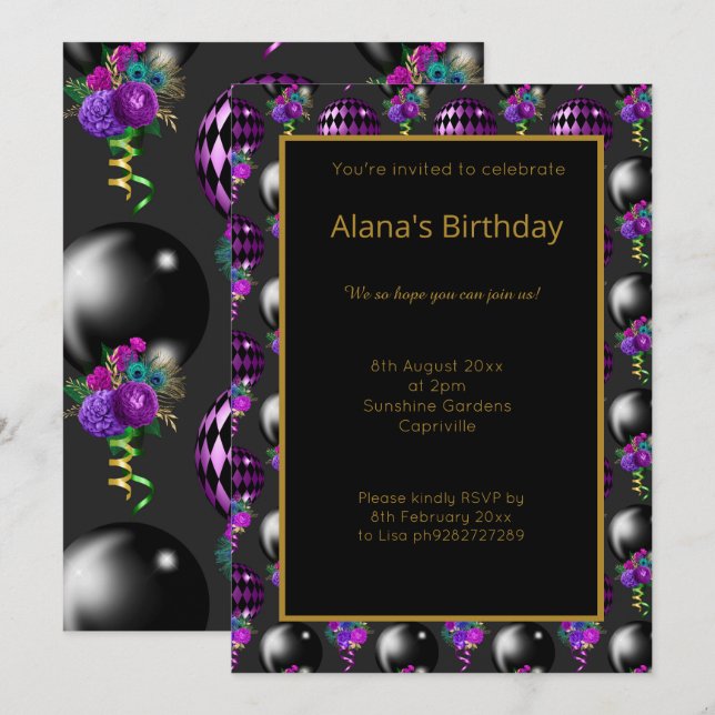 ROLIGT BLACK LILA BALLOON ALL OCASSION INBJUDNINGAR (Fram/baksida)