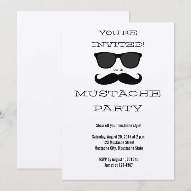 Roligt Black Mustache och Sunglass Party-inbjudan Inbjudningar (Fram/baksida)