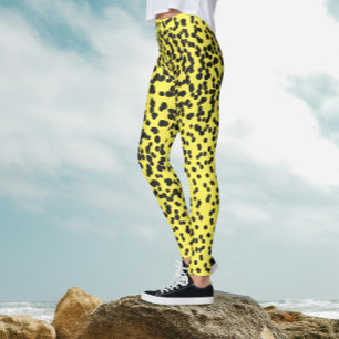 Roligt Black Neon Gult Polka dots Dalmatien Mönste Leggings