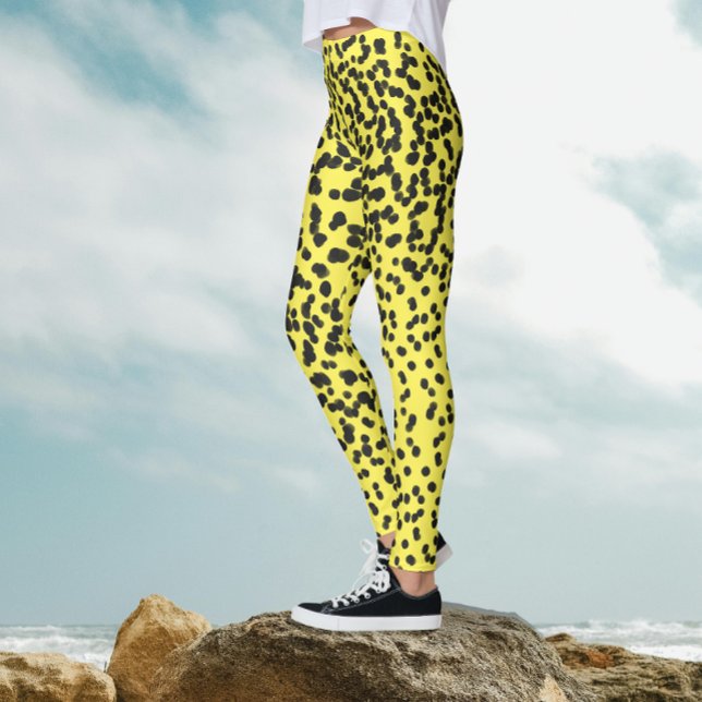 Roligt Black Neon Gult Polka dots Dalmatien Mönste Leggings (Skapare uppladdad)