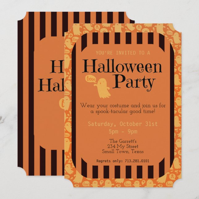 Roligt Black Orange Ghost Cute Halloween fest Inbjudningar (Fram/baksida)