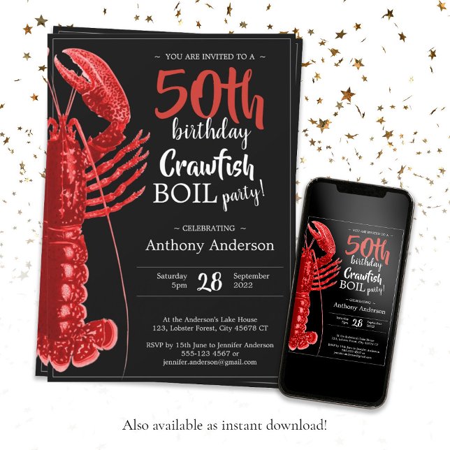 Roligt Black Red 50 Birthday Kräftor Boil Inbjudningar (Fun 50th Birthday Party Crawfish Boil Black Red Invitation)