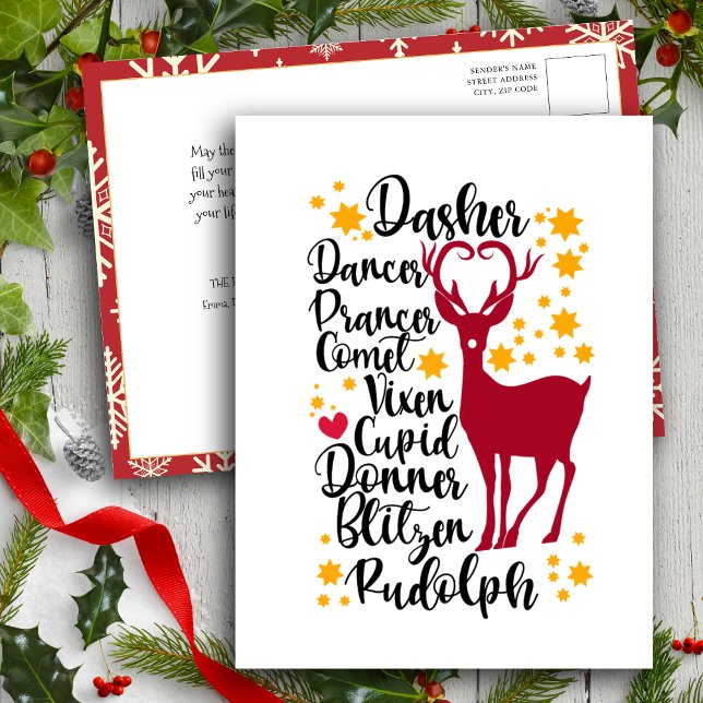 Roligt Black Script Santa Reindeer Namn jul Helg Vykort (Skapare uppladdad)