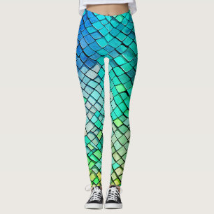 Roligt blått abstrakt geometriskt mermaidfjällsmön leggings