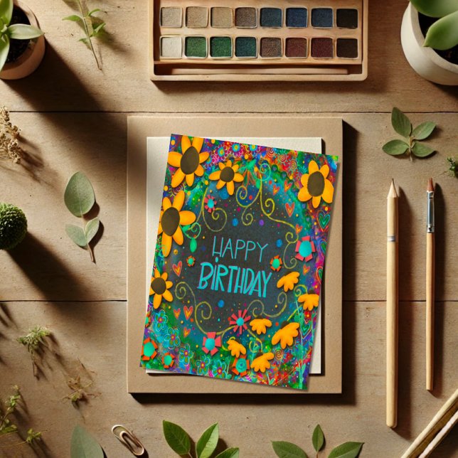 Roligt Blommigt Daisy Trendig födelsedag, färgstar Kort (Skapare uppladdad)