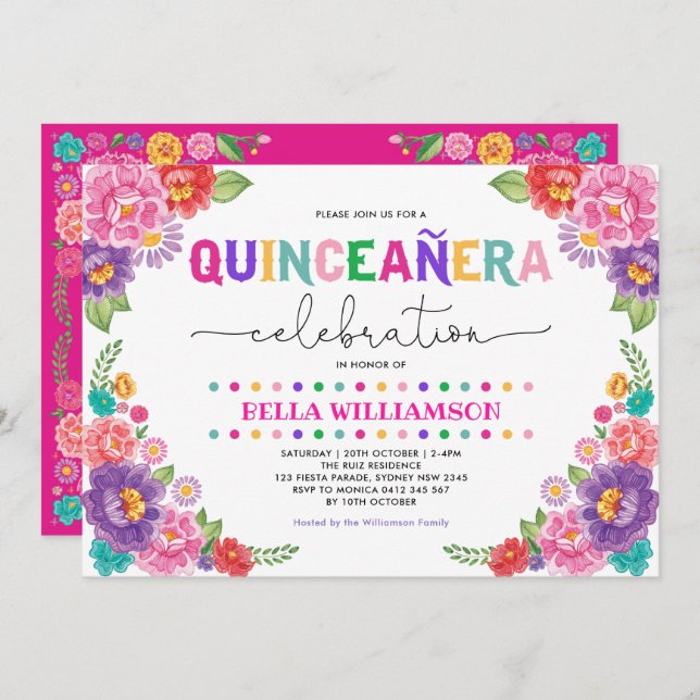 Roligt Blommigt Fiesta Quinceañera 15:e Födelsedag Inbjudningar (Fram/baksida)