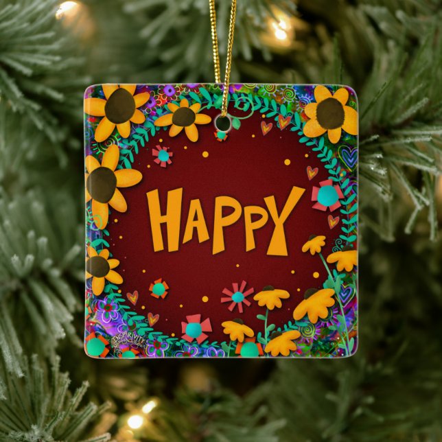 Roligt Blommigt Gult Daisy Lycklig Inspirief Julgransprydnad Keramik (Träd)