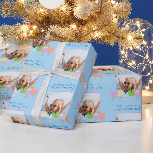 Roligt Blue Birthday Personlig Photo Tulip Flowers Presentpapper (Helgdagar)