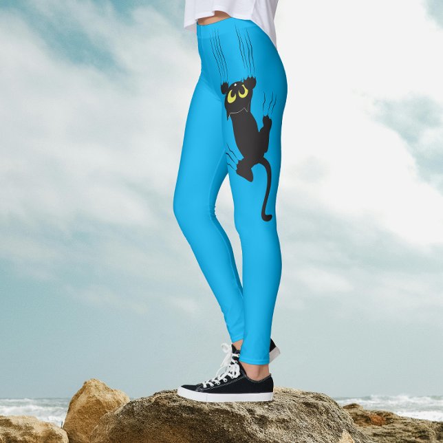 Roligt Blue Black Cat Scratchig Asymmetric Tecknad Leggings (Skapare uppladdad)