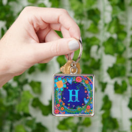Roligt Blue Dragonfly Monogram Inspirief Keychain Fyrkantig Silverfärgad Nyckelring