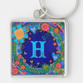 Roligt Blue Dragonfly Monogram Inspirief Keychain Fyrkantig Silverfärgad Nyckelring