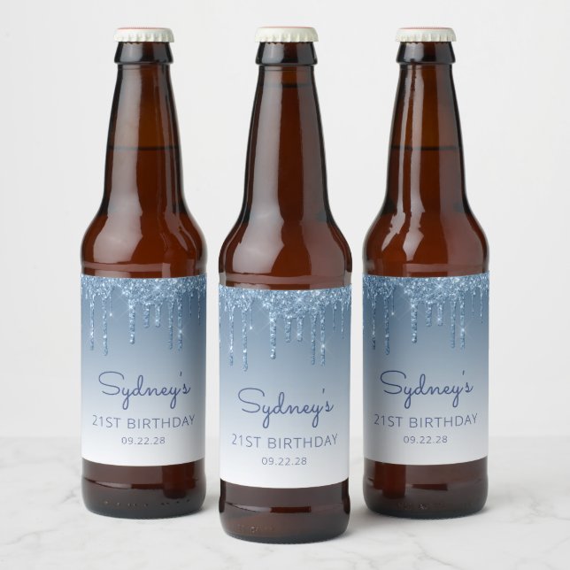 Roligt Blue Glitter Drip 21:a födelsedag Party Ölflaska Etikett (Flaskor)