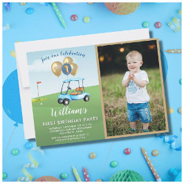 Roligt Blue Golf Cart Photo First Birthday Boy Inbjudningar