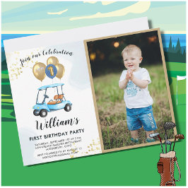 Roligt Blue Golf Cart Photo First Birthday Boy Inbjudningar
