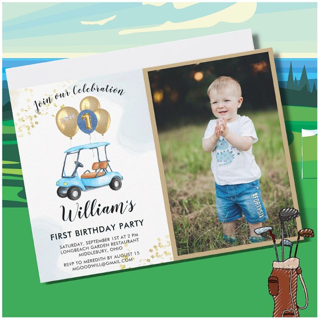 Roligt Blue Golf Cart Photo First Birthday Boy Inbjudningar (Skapare uppladdad)