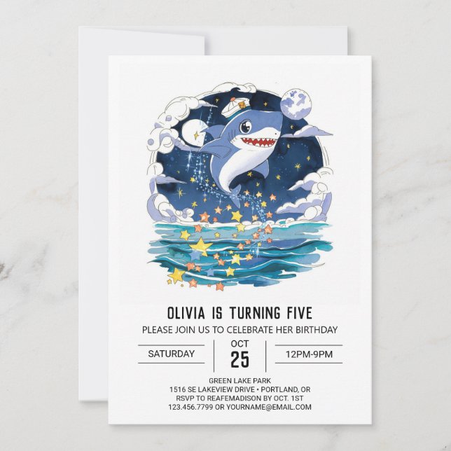 Roligt Blue Pastel Shark Birthday Inbjudningar (Framsida)