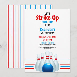 Roligt Blue & Red Bowling Kids 6e Birthday Inbjudningar