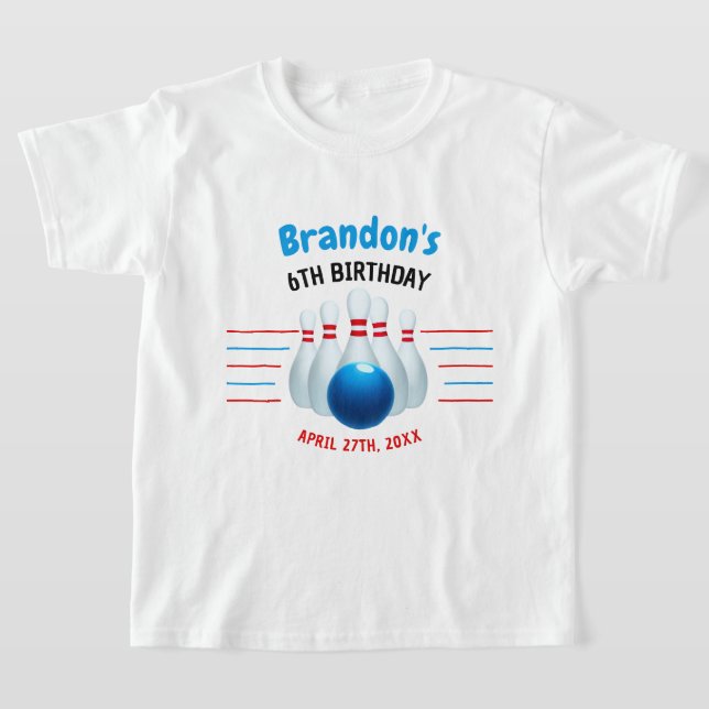 Roligt Blue & Red Bowling Kids 6e Birthday T Shirt (Laydown)