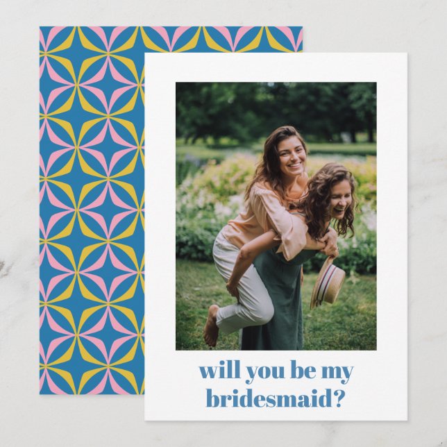 Roligt Blue Retro Mönster Bridesmaid Frieri Anteckningskort (Fram/baksida)