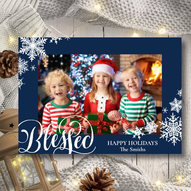 Roligt Blue Snöflingor Modern skript - minimalisti Julkort (Skapare uppladdad)