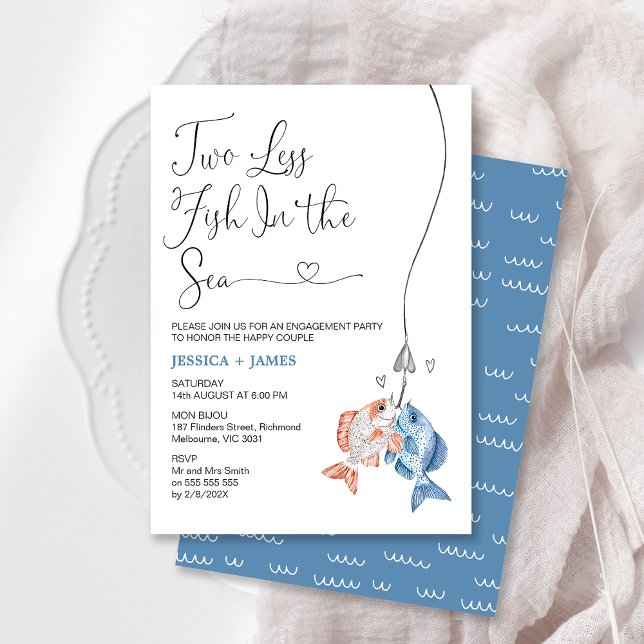 Roligt Blue Two Less Fish in Sea Förlovning Inbjudningar (Fun Two Less Fish In The Sea Engagement Invitation, Blue Fishing Themed Engagement Invitation  )