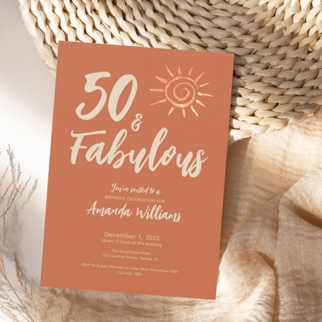 Roligt Boho 50 och Fabulous Terracotta Birthday Inbjudningar (Skapare uppladdad)