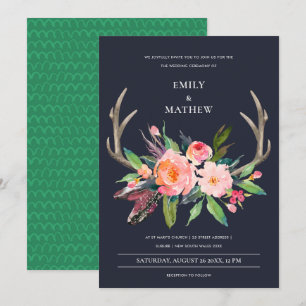 ROLIGT BOHO NAVY ANTLER BLOMMIGT LANDSBYGGSBRÖLLO INBJUDNINGAR