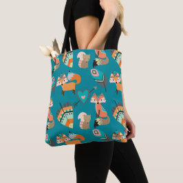 Roligt Boho Tribal Foxes på Teal Mönster Tygkasse