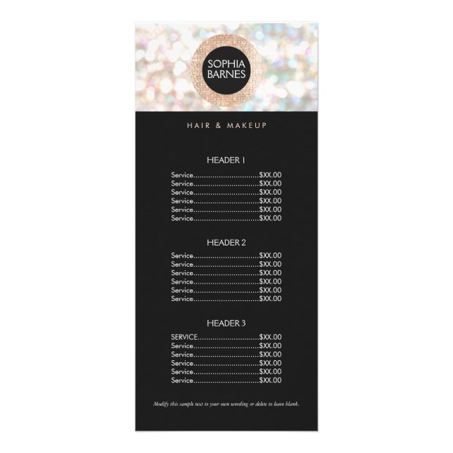 Roligt Bokeh och Ro Guld Salon Pris List Menu Reklamkort (Framsidan)