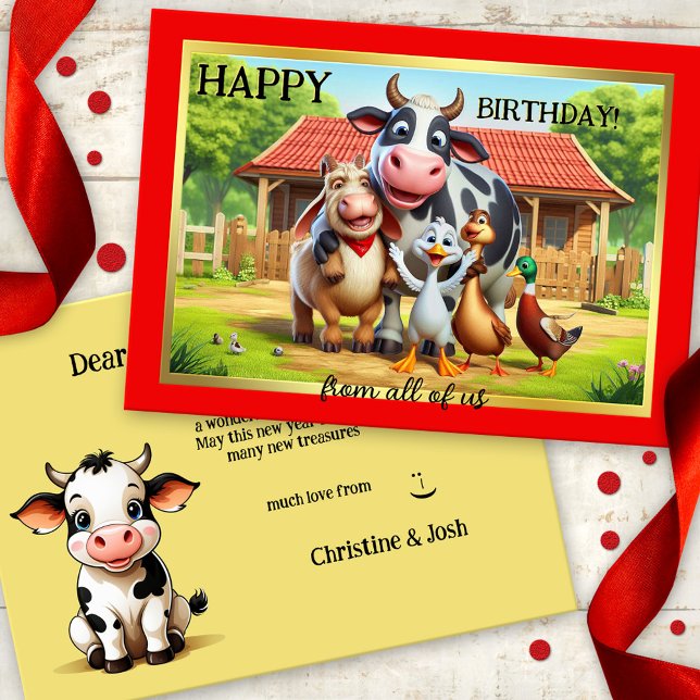 Roligt Boskap Cute Birthday Kort (Birthday card featuring a colorful cute image of a gathering of farm animals)