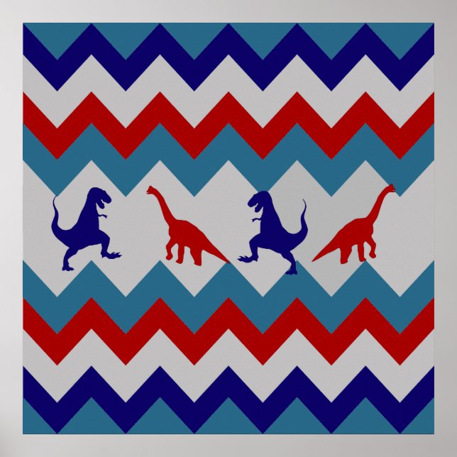 Roligt Boys Dinosaurs Red Blue Chevron Mönster Poster (Framsidan)