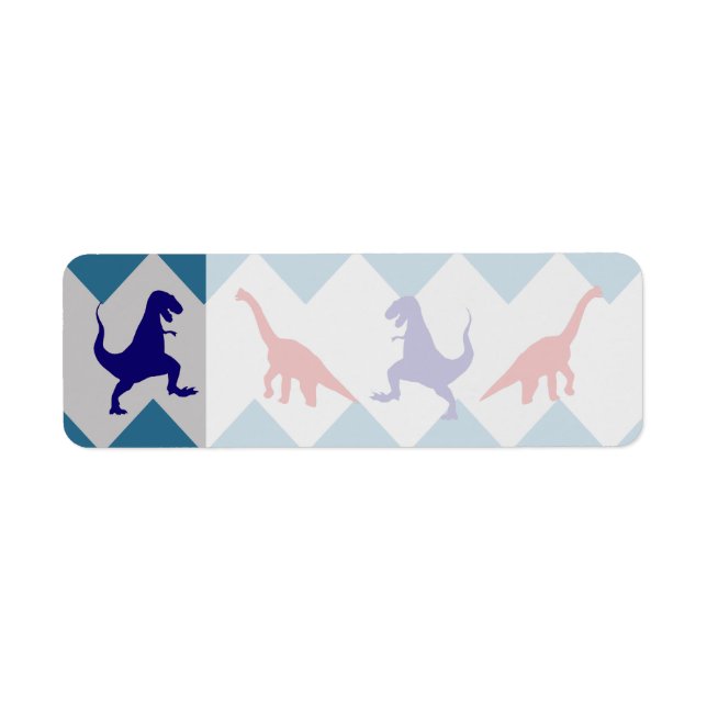 Roligt Boys Dinosaurs Red Blue Chevron Mönster Returadress Etikett (Framsidan)