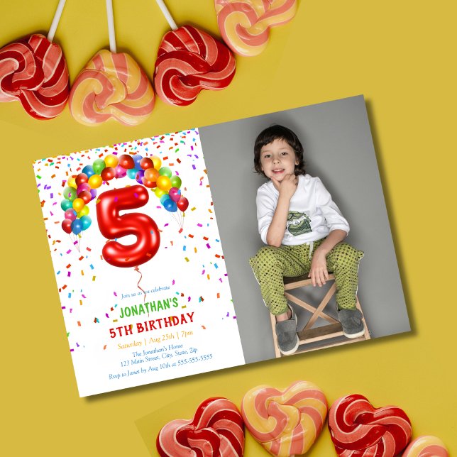 Roligt Bright Confetti bubblar foto 5:e födelsedag Inbjudningar (Skapare uppladdad)