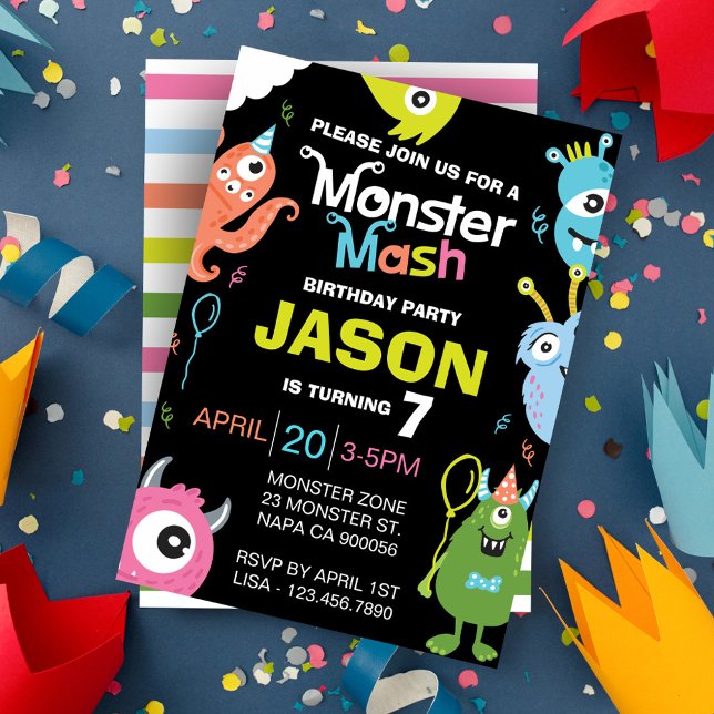 Roligt Bright Monster Mash Födelsedagsfest inbjuda Inbjudningar (Fun Bright Monster Mash Birthday Party Invitation)