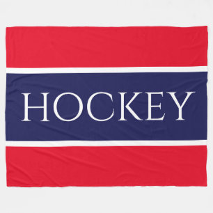Roligt Bright Red White Navy Blue "HOCKEY" Rand Fleecefilt