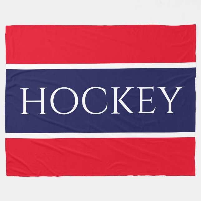 Roligt Bright Red White Navy Blue "HOCKEY" Rand Fleecefilt (Framsidan (Horisontell))