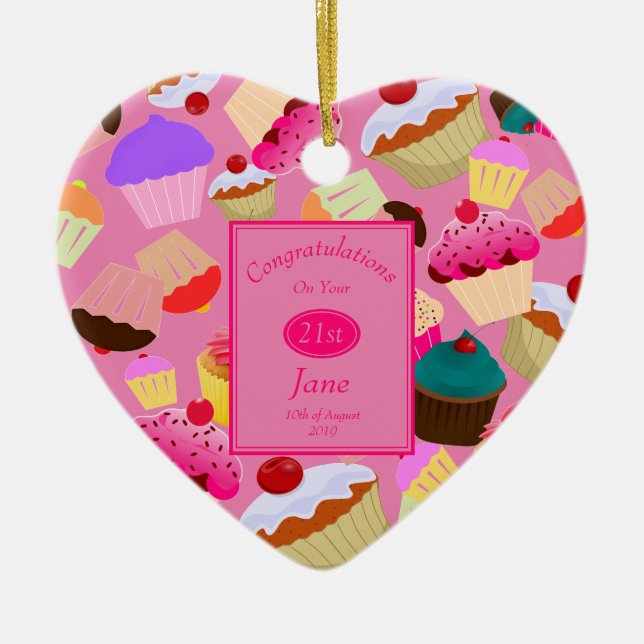 Roligt, Bright Rosa Cupkaka från alla ålders födel Julgransprydnad Keramik (Framsidan)