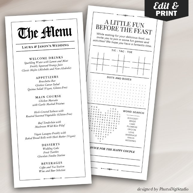 Roligt Bröllop Menu med tidningen Bröllop Games Meny (Fun Wedding Menu with Wedding Games Newspaper, Black and White Menu for Wedding)