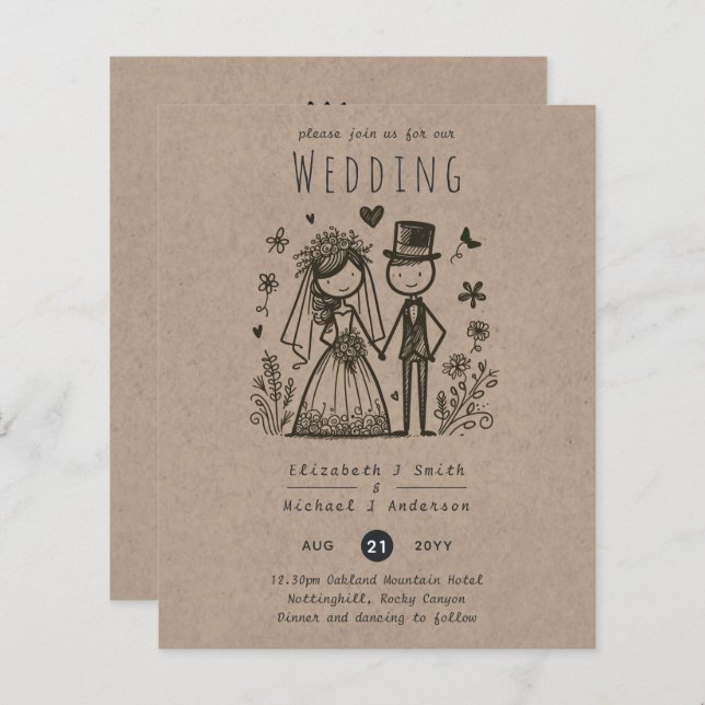 Roligt Bröllop Tecknad Bride Groom Handritade hand (Fram/baksida)