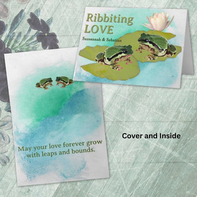 Roligt Bröllopspar Frodo-Koppel på Näckrosblad Bil Kort (Humorous frog wedding anniversary greeting card template)