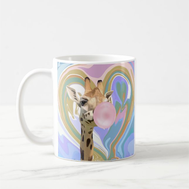 Roligt Bubblegum Blowing Giraffe Liquid Swirl Blue Kaffemugg (Vänster)