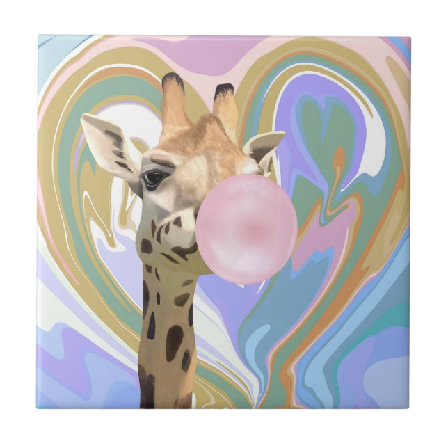 Roligt Bubblegum Blowing Giraffe Liquid Swirl Blue Kakelplatta (Framsidan)