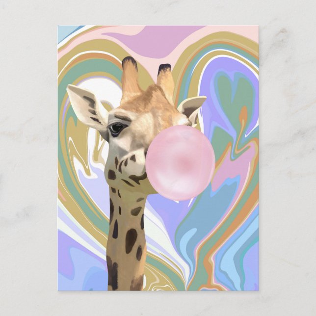 Roligt Bubblegum Blowing Giraffe Liquid Swirl Blue Vykort (Framsida)