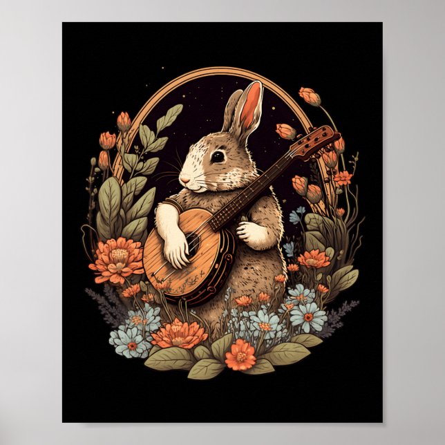 Roligt Bunny Spelar Banjo Guitar Music Rabbit Lyck Poster (Framsidan)