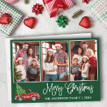 Roligt Calligraphy 3 Photo Grönt jul Red Lastbil Julkort<br><div class="desc">Modern Roligt Calligraphy Script 3 Photo Family Photo Collage God jul Card - Watercolor Vintage Red Lastbil med Julgran - Forest Grönt Background</div>