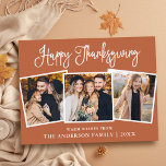 Roligt Calligraphy 3 Photo Terracotta Thanksgiving Vykort<br><div class="desc">Modern Roligt Calligraphy Script Happy thanksgiving Family 3 Photo Helgdag Postcard - Terracotta Background</div>
