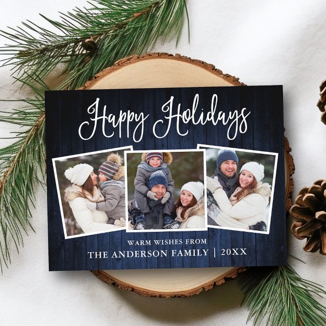 Roligt Calligraphy Blue Wood 3 Photo Helgdag Vykort (Customize to change your personalized text size or text style.)