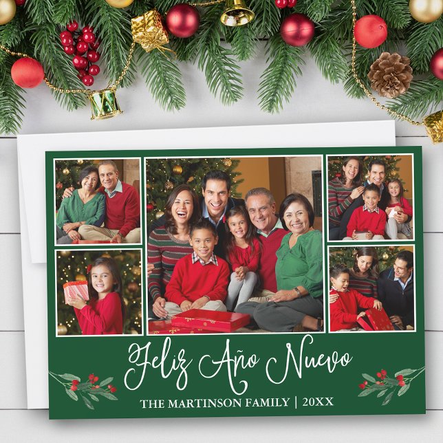 Roligt Calligraphy Feliz Ano Nuevo Grönt 5 Photo Julkort (Customize to add text to back of card.)
