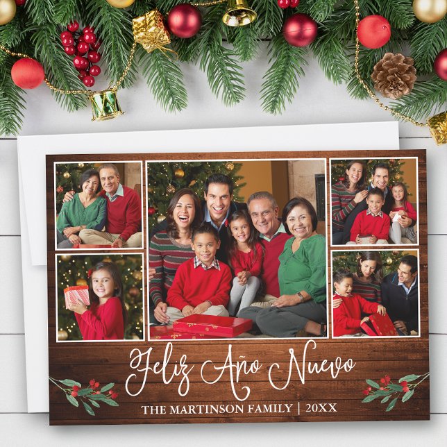 Roligt Calligraphy Feliz Ano Nuevo Wood 5 Photo Julkort (Customize to add text to back of card.)