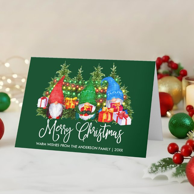 Roligt Calligraphy God jul Gnomes Grönt Fold Helgkort (Customize to add text to inside of card.)